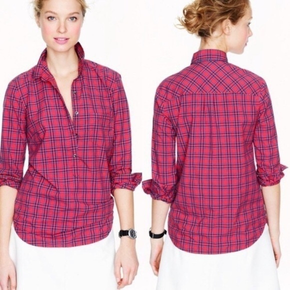 J. Crew Soft Red Tartan Plaid Popover Top - Picture 1 of 11
